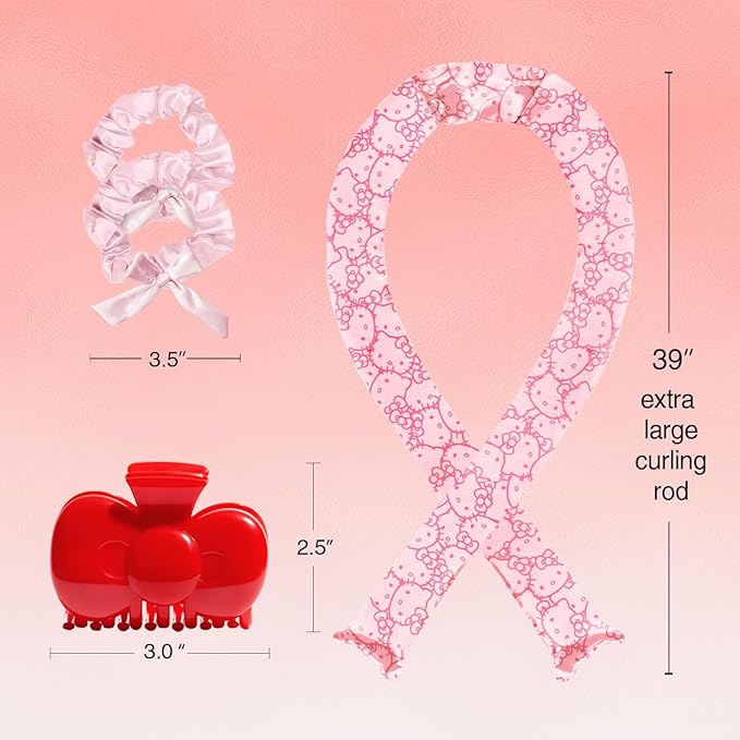 Hello Kitty x Kitsch XL Satin Heatless Curling Set- Heatless Hair Curler To Sleep In for Frizz-Free & Soft Curls, Comes with Bow Shape Design Hair Claw and Satin Scrunchies, Gifts for Women, 4pc Set