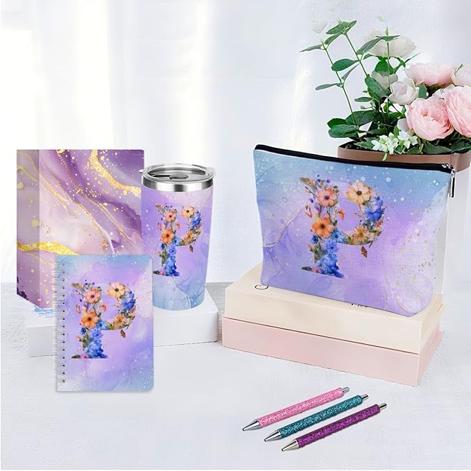 Personalized Gifts Monogrammed Birthday Gifts for Women, Mommy, Female Going Away Christmas, Initial 20 oz Tumbler, Makeup Cosmetic Bag Cup Pens Journal Notebook 6 Set, (Aesthetic Purple Flower P)