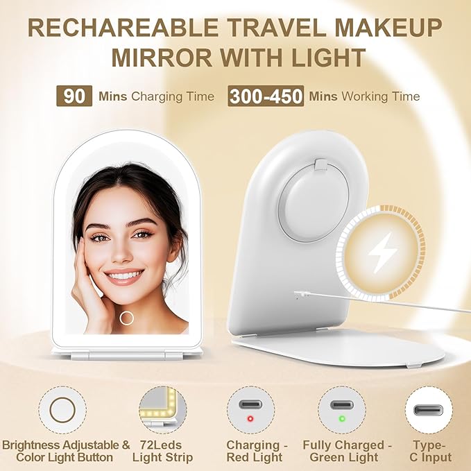 Mocado Travel Makeup Mirror with Light, 1x/10x Magnifying Mirror with Light, 3 Colors Lighted Magnifying Mirror, 2000mAh Rechargeable Lighted Makeup Mirror, Memory Function (Arched-White)
