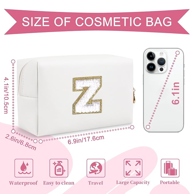 Small Personalized Initial A-Z Preppy Patch Makeup Bag,White PU Chenille Letter Travel Cosmetic Pouch with Zipper,Cute Toiletry Bag,Gift Ideal for Teen Girls Women Teacher Bridesmaid,Letter Z
