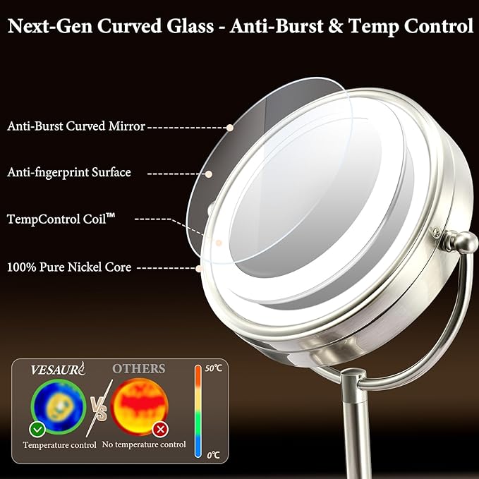 Professional 8.5" Large Lighted Makeup Mirror with Brighter Lights, 1X/10X True HD Magnifying Mirror with 3 Color Dimmable Lights, 90 Shadowless LEDs, 360°Swivel Seamless Vanity Mirror, Pearl Nickel