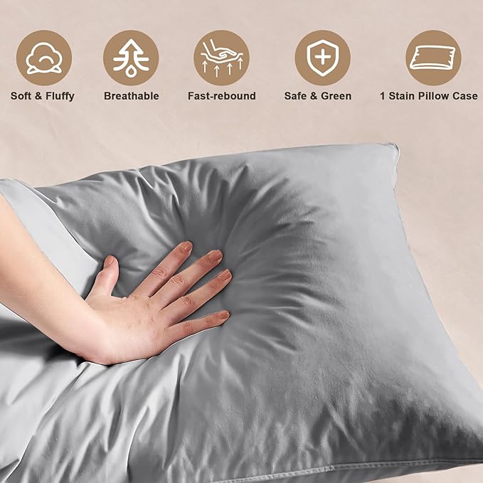 BHZ Satin Goose Down Feather Pillows Queen Size with Satin Pillowcase for Hair and Skin, Cooling Pillow Cases Similar to Silk Pillow Cases, Christmas Decorative Gifts for Women, Mom Men, Grey