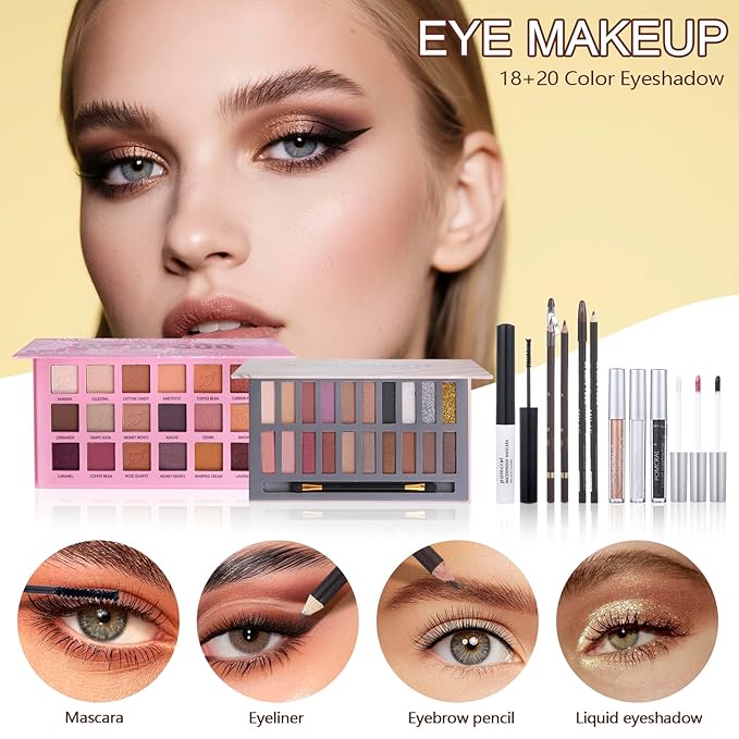 Makeup Kit For Women Girls, Makeup Set For Teens beginners, Full Makeup Kit With Everything Carrying Bag, Eyeshadow Palette, Foundation, Concealer, Lipstick, Brushes (18 & 20 Color eyeshaow Kit)