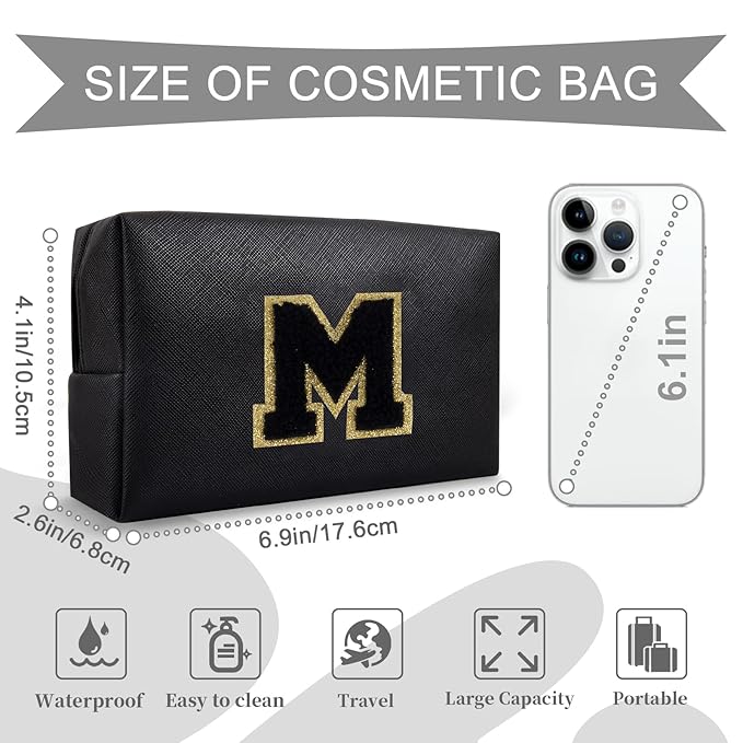 Personalized Initial A-Z Preppy Patch Makeup Bag,Small PU Chenille Letter Cosmetic Bag with Zipper for Teen Girls,Black Cute Toiletry Organizer Bag,Monogram Makeup Case Gift for Women Girls,Letter M
