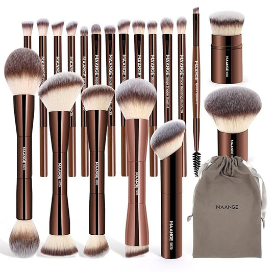 MAANGE 20 PCS Foundation Makeup Brush Set, Double-ended Kabuki Contour Brush for Liquid Powder Concealer Blending Blush Face Makeup Tools (Coffee)