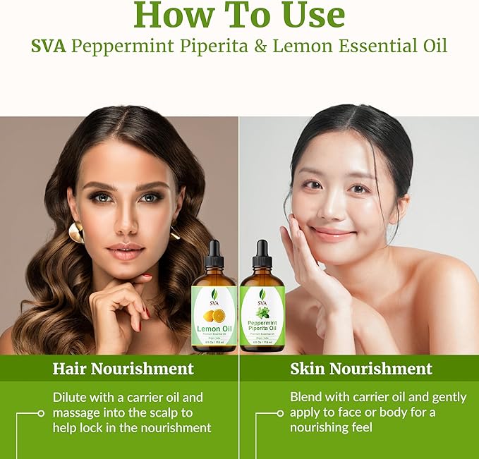 SVA Peppermint Essential Oil and Lemon Essential Oil 4oz Bundle Super Saver Combo – Premium Grade Value Set for Aromatherapy, Scalp Massage, Hair Care, Skin & Body