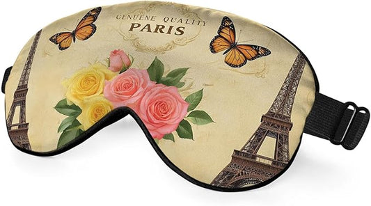 Eiffel Tower Eye Mask Sleeping Mask Vintage Paris Postcard Flower Butterfly Sleep Masks Silky Soft Eye Cover for Women Men Shading Blindfold for Air Travel Sleeping