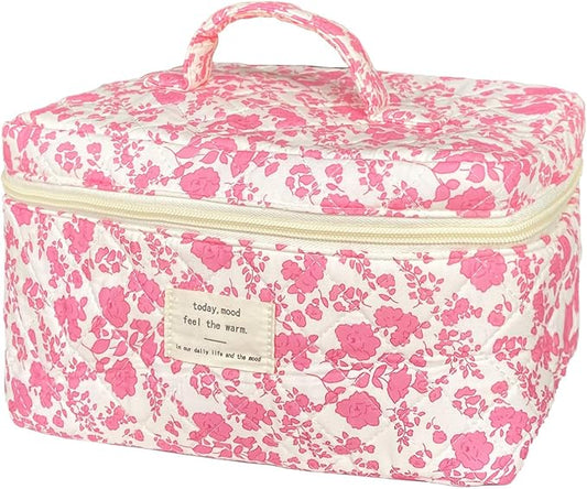 Pink Large Quilted Floral Makeup Bag Cute Soft Coquette Aesthetic Cosmetic Bag Cotton Travel Toiletry Bag for Women
