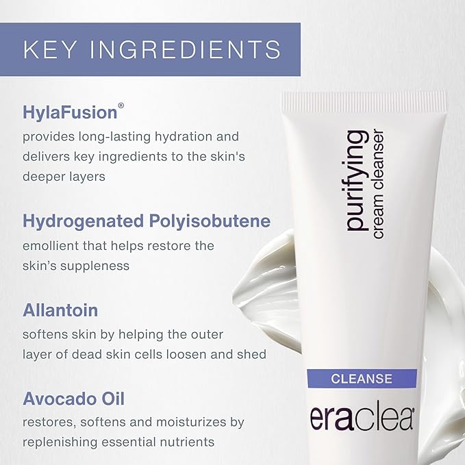 eraclea Purifying Cream Cleanser, Gentle Daily Cleanser with Hyaluronic Acid, Hydrating Face Moisturizer for Dry Skin, Soothing Face Wash Removes Impurities, Oil, and Makeup for Radiant Skin (4 fl oz)