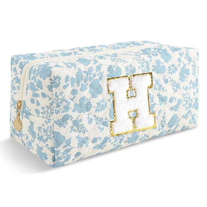 Personalized Quilted Cosmetic Bag, Puffy Monogrammed Christmas Birthday Gifts for Women & Girls, Cute initial Floral Makeup Bag Puffer Coquette Bag, Aesthetic Travel Toiletry Zipper Pouch(Blue,H)
