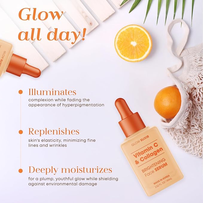Glow Elixir Vitamin C & Collagen Face Serum – Dermatologist Tested Korean Skincare – Evens Skin Tone, Enhances Radiance, Supports Hydration – Clean Beauty, Vegan, Cruelty-Free – 1.69 fl oz