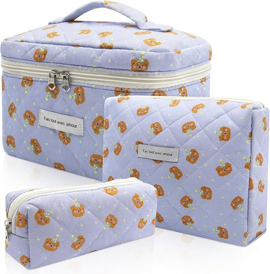Quilted Makeup Bag Set, 3pc Large Floral Cosmetic Bag for Women, Cute Cotton Makeup Bags, Flower Travel Toiletry Organizer Bag (Blue Small Sheep)