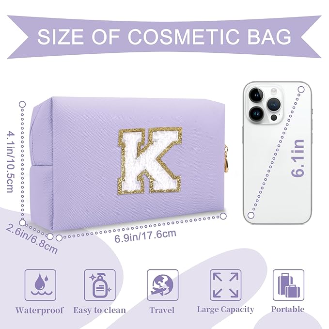 Personalized Makeup Bag Initial A-Z Preppy Patch Bag,Small PU Leather Travel Cosmetic Bag Pouch with Zipper,Purple Cute Toiletry Bag,Gift Ideal for Teen Girls Women Birthday Friend Mom,Latter K
