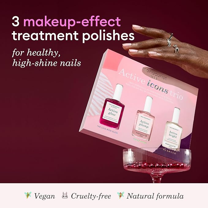 Manucurist Active Icons Trio Christmas Gift Set - Active Glow Blueberry, Active Shine, Active Plump Nail Polishes - Nail Strengthener - Brightening Treatment Polish & Care - Gifts for Women