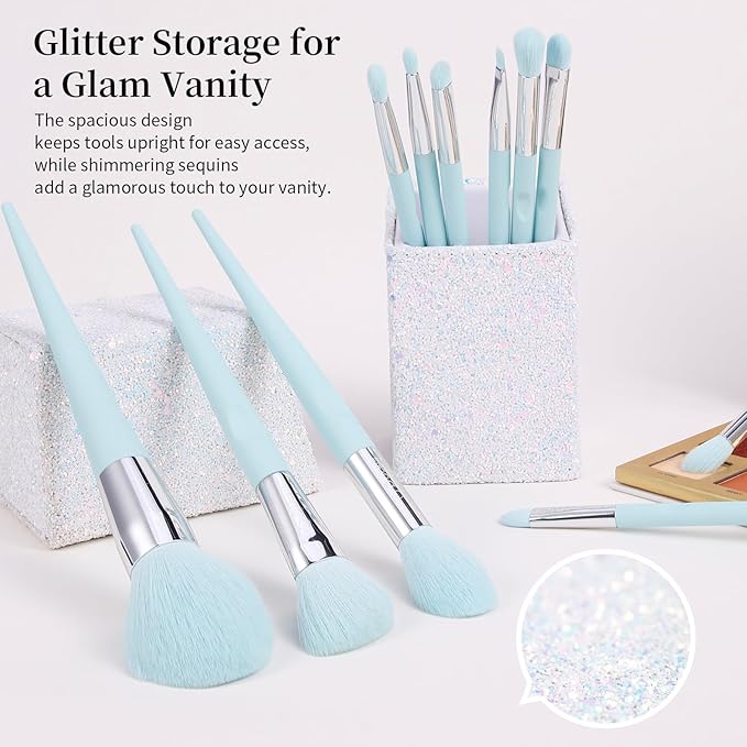 DUcare Makeup Brushes with Holder - 10Pcs Professional Synthetic Make Up Brushes Set for Blush Concealer Foundation Bronzer Powder Eyebrow Contour Eyeshadow Blending Makeup Brush Set, Ice Lake Blue