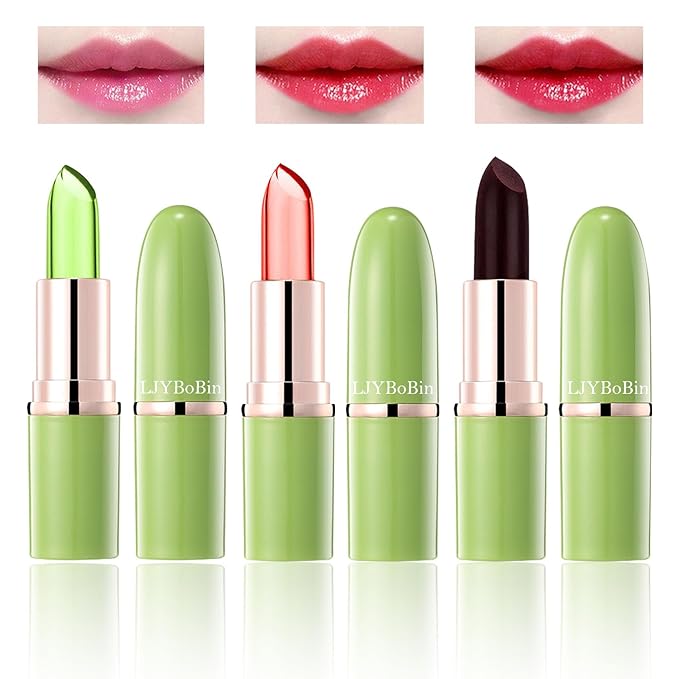 3PCS Aloe Vera Color Changing Lipstick Set,Magic Jelly Lipstick Long Lasting Highly Pigmented Color Change Lip Gloss,Waterproof Lips Moisturizer Non-Sticky Cup Tinted Lip Balm Stain Makeup Set