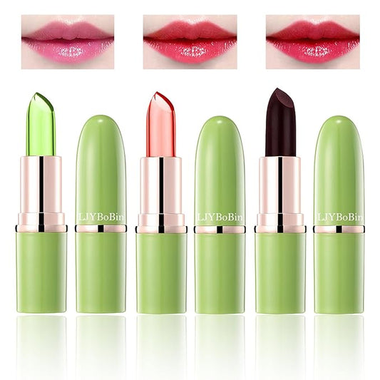 3PCS Aloe Vera Color Changing Lipstick Set,Magic Jelly Lipstick Long Lasting Highly Pigmented Color Change Lip Gloss,Waterproof Lips Moisturizer Non-Sticky Cup Tinted Lip Balm Stain Makeup Set