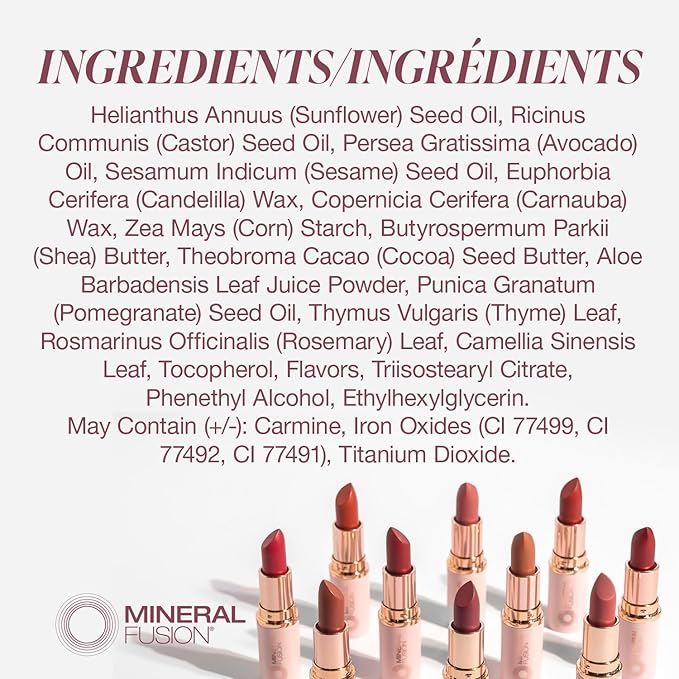 Mineral Fusion Long-Lasting Lipstick, Vivid & Smudge-Free Lip Color with Avocado Oil, Cocoa Seed Butter, Free of FD&C Dyes, Paraben and Gluten, Cosmopolitan