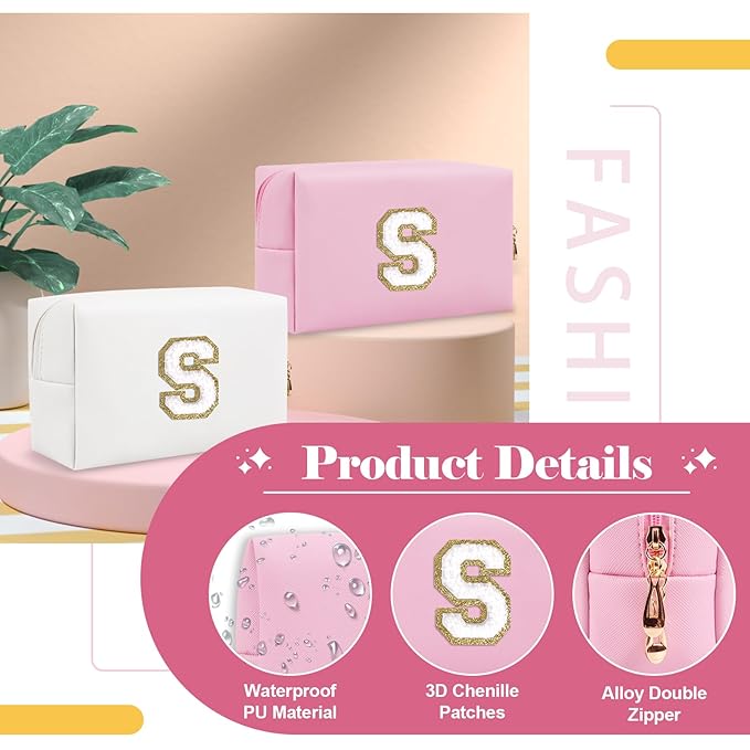 Personalized Initial A-Z Preppy Patch Makeup Bag,Small PU Chenille Letter Cosmetic Bag with Zipper for Teen Girls,Pink Cute Toiletry Organizer Bag,Monogram Makeup Case Gift for Women Girls,Letter S