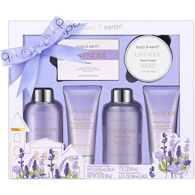 BODY & EARTH Bath and Body Gift Set - Luxurious 6 Pcs Bath Kit for Women, Relaxing Spa Set with Lavender Scent, Perfect Birthday Gift Set for Women Includes Bubble Bath, Shower Gel, Body Lotion