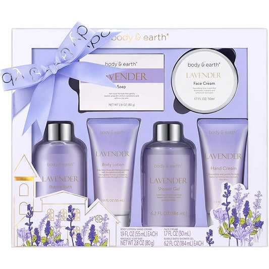 BODY & EARTH Bath and Body Gift Set - Luxurious 6 Pcs Bath Kit for Women, Relaxing Spa Set with Lavender Scent, Perfect Birthday Gift Set for Women Includes Bubble Bath, Shower Gel, Body Lotion