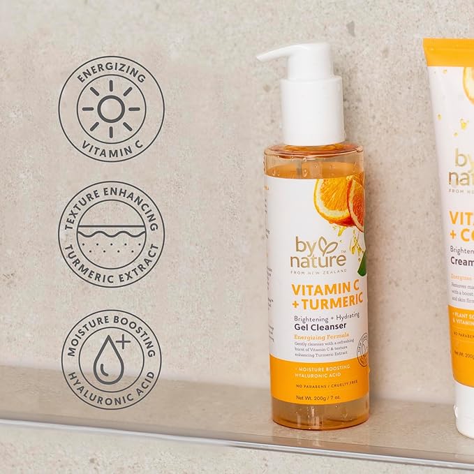 By Nature Vitamin C + Turmeric Gel Cleanser with Hyaluronic Acid – Brightening + Hydrating Face Wash & Makeup Remover for Oily and Acne-Prone Skin, Natural Daily Facial Wash (7oz)