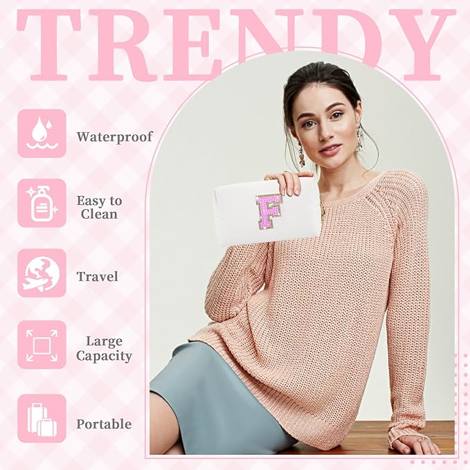 Small Initial Patch Makeup Bag Personalized Gifts Make Up Bag,White Cute PU Leather Glitter Letter Cosmetic Bag with Zipper,Trendy Portable Travel Toiletry Pouch,Preppy Stuff for Teen Girls Women F