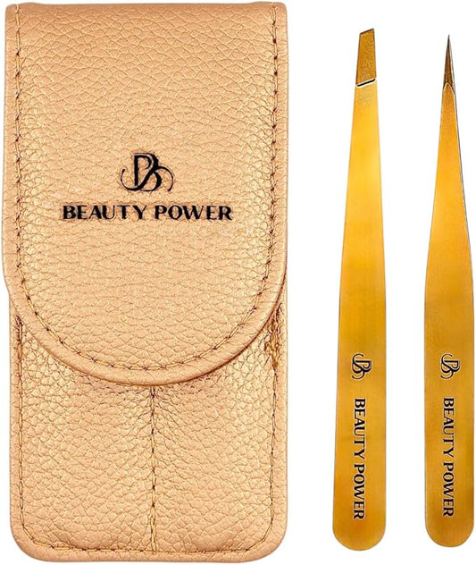 Professional Tweezers Set – Slant & Point, Ultra Precision German Stainless Steel Tweezers for Eyebrows, Chin, Ingrown Hair & Facial Grooming – Lightweight with Travel Case (Matte Gold)