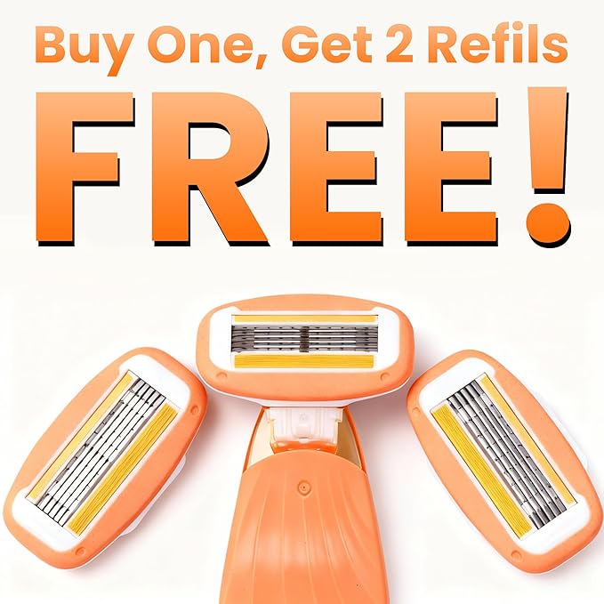 Mini Travel razor Kit for women with moisturizing bar - 1 Handle and 3 Cartridges - Extra Smooth 5-blade With Case for Close Shaving - Orange