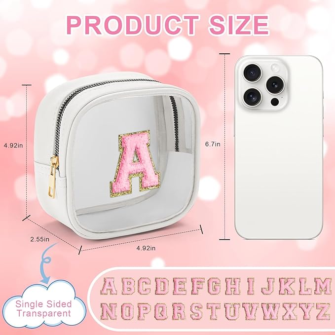 YOOLIFE Initial Make Up Bag Travel Toiletry Bag, Clear Makeup Bag Preppy Cosmetic Bags Organizer Travel Essentials Gifts for Women Teen Girlfriend Teacher Mom Birthday Mothers Day Gifts White I