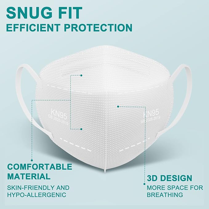 TOPMAX KN95 Face Mask 50 Pack 5-Ply Breathable Filter Efficiency≥95% Protective Cup Dust Disposable Masks Against PM2.5 White