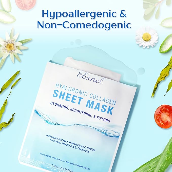 Ebanel 20 Pack Collagen Face Mask with Hyaluronic Acid, Vitamin C, Peptide, Aloe, Instant Brightening Hydrating Face Masks Skincare Korean Sheet Mask, Skin Firming, Lifting Anti Aging Facial Masks