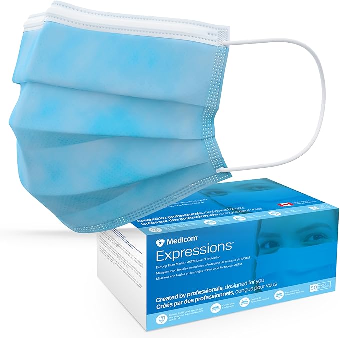 Medicom Expressions Disposable Face Masks - Box of 50 ASTM Level 3 Surgical Face Masks - 3 Layer Medical Masks Made in Canada - Blue Adult Masks Disposable