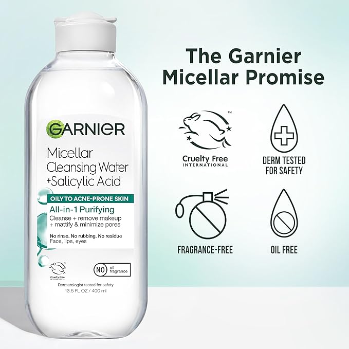 Garnier Micellar Water with Salicylic Acid, All-in-1 Mattifying Facial Cleanser and Makeup Remover for Oily and Acne Prone Skin, 13.5 Fl Oz, Pack of 2