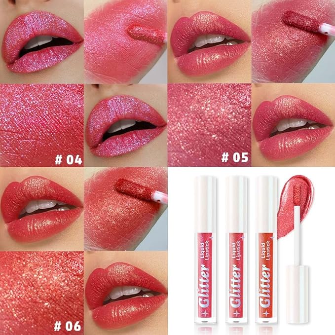 3Pcs Metallic Lipstick for Women,Lightweight Glitter Sparkling Liquid Lipsticks,Shimmer Lip Gloss Stain Long Lasting Waterproof Smudge Proof Non-Drying 24 Hour Full Coverage Lip Makeup,Vegan