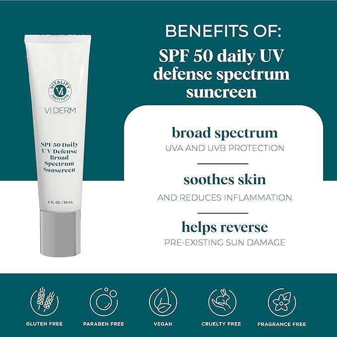 VI Derm SPF 50 Daily UV Defense Sunscreen - Broad Spectrum Sunblock for Face & Body - Lightweight, Oil-Free, Fast-Absorbing Skincare Protector - Clean, Non-Greasy Formula - Fragrance Free, 2 Fl Oz