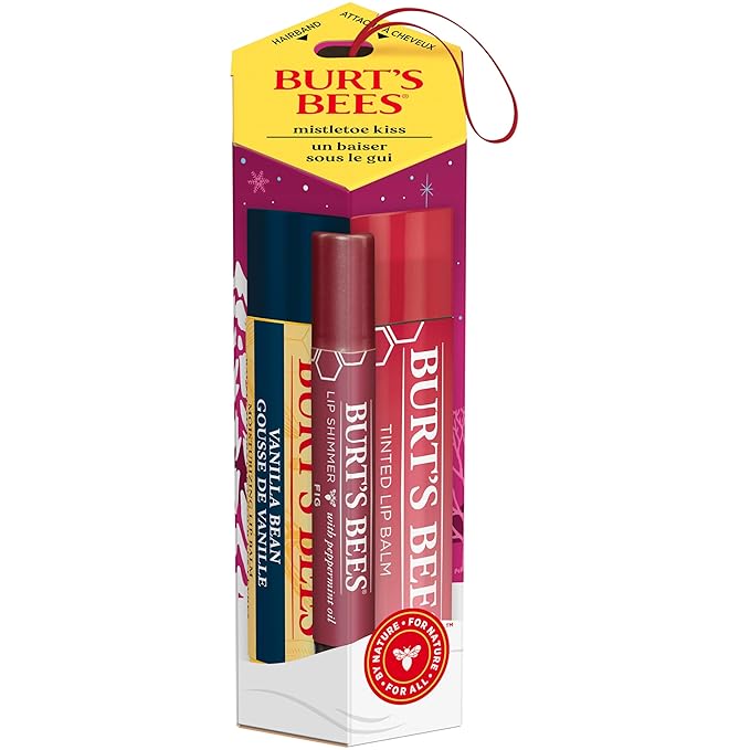 Burt's Bees Christmas Gifts, 3 Lip Care Stocking Stuffers Products, Mistletoe Kiss Set - Vanilla Bean Moisturizing Lip Balm, Red Dahlia Tinted Lip Balm & Fig Lip Shimmer (3-Pack)
