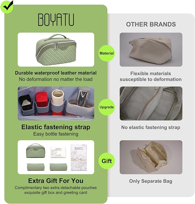 BOYATU Travel Makeup Bags for Women: Large Cosmetic Bag Waterproof - Vegan Leather Make up Bag Set of 3 - Compact Toiletry Organizer with Compartments & Handle & Divider (Z-Green)