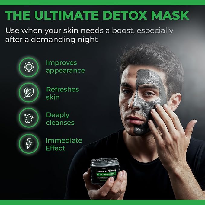 Hangover Detox Clay Mask for Men – Collagen Face Mask for Tired & Oily Skin – Recovery & Deep Pore Cleanser – 8.8 oz