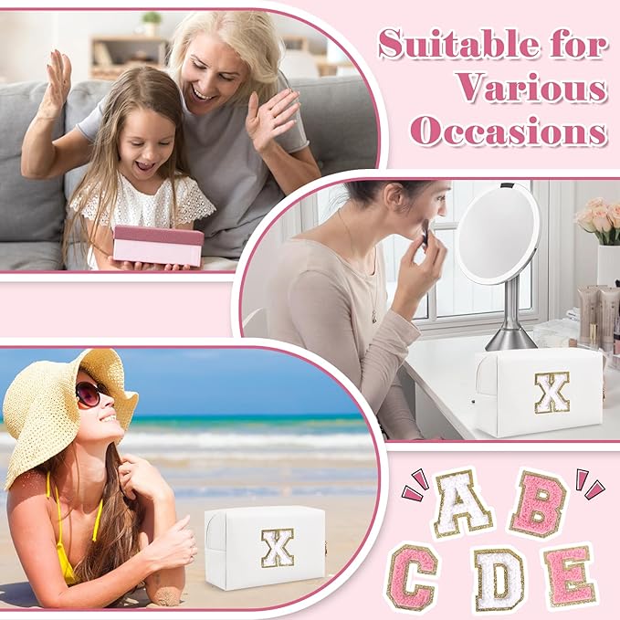 Small Personalized Initial A-Z Preppy Patch Makeup Bag,White PU Chenille Letter Travel Cosmetic Pouch with Zipper,Cute Toiletry Bag,Gift Ideal for Teen Girls Women Teacher Bridesmaid,Letter X