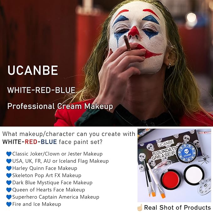US Flag Red White Blue Joker Face Body Paint with Brushes for Halloween & 4th of July USA Independence Day America’s Patriotic Parades, Face Painting Kit for Kids Adults Devil Dress-Up Costume Cosplay