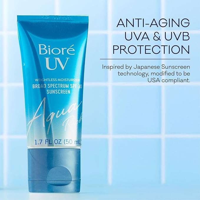 Biore UV Aqua Rich SPF 30 Daily Moisturizer Sunscreen for Face, For Sensitive Skin, Oil Free, Hyaluronic Acid, Vegan, Oxybenzone & Octinoxate Free, Dermatologist Tested, 1.7 Oz