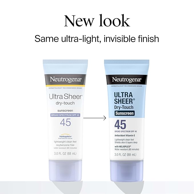 Neutrogena Ultra Sheer Dry-Touch Sunscreen For Face & Body, SPF 45 Broad Spectrum UVA/UVB Protection, Lightweight Water Resistant & Non-Greasy, Travel Size Sunscreen, 3 fl. oz 2 pack