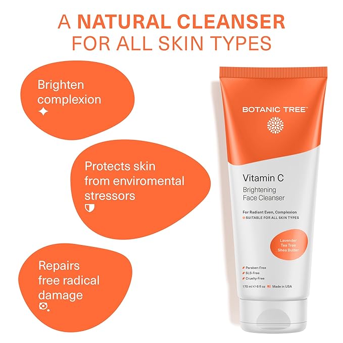 Botanic Tree Vitamin C Face Wash - Facial Cleanser for All Skin Types, Aging or Dry Skin, Minimizing Acne scars, Brightening, Reduce Breakouts - Face Wash for Women & Men