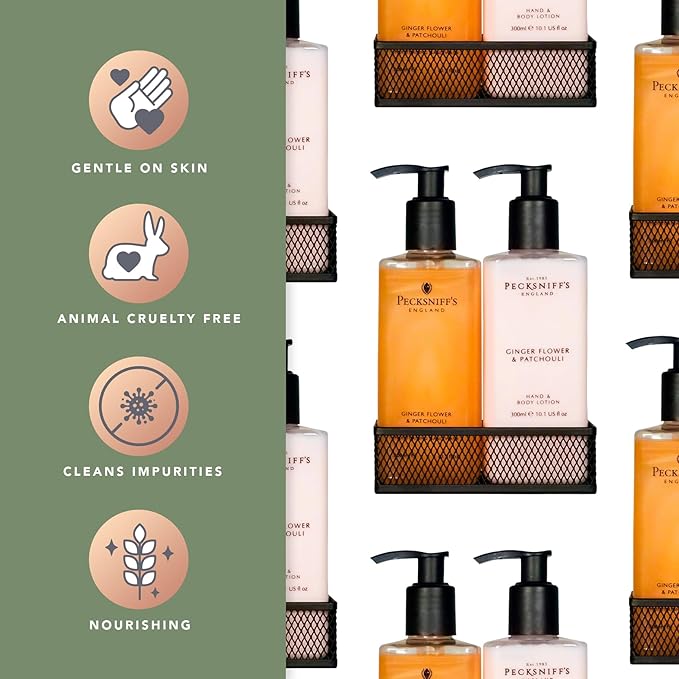 Pecksniffs Luxury Bath Gift Set, Ginger Flower and Patchouli Moisturizing Hand Soap and Body Lotion Set with Caddy, 10.1 Fl Oz