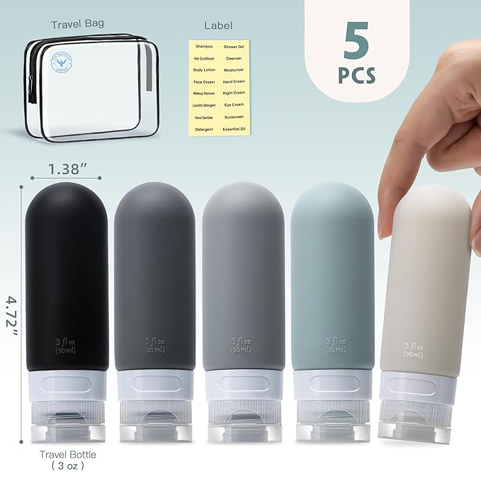 3oz Travel Bottles for Toiletries,Silicone Leak Proof Squeezable Travel Containers,TSA Approved Travel Essentials Bag for Shampoo Conditioner,5 Pack,Dark Pack