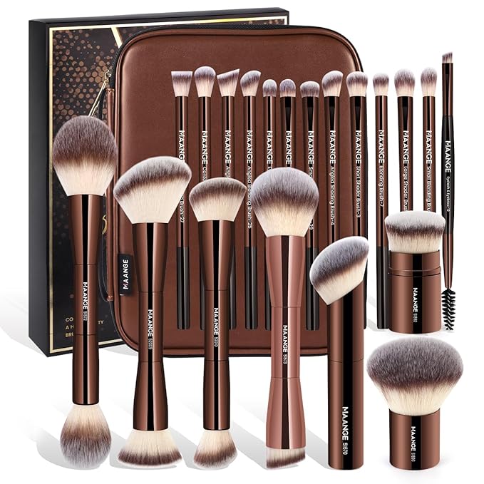 MAANGE 20 PCS Makeup Brush Set with Bag, Double-ended Kabuki Brush Foundation Contour Brush for Liquid Powder Concealer Eye Shadows Cream Cosmetics Blending Blush Face Makeup Tools with Case (Coffee)