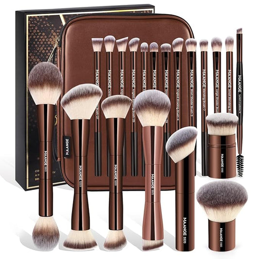 MAANGE 20 PCS Makeup Brush Set with Bag, Double-ended Kabuki Brush Foundation Contour Brush for Liquid Powder Concealer Eye Shadows Cream Cosmetics Blending Blush Face Makeup Tools with Case (Coffee)