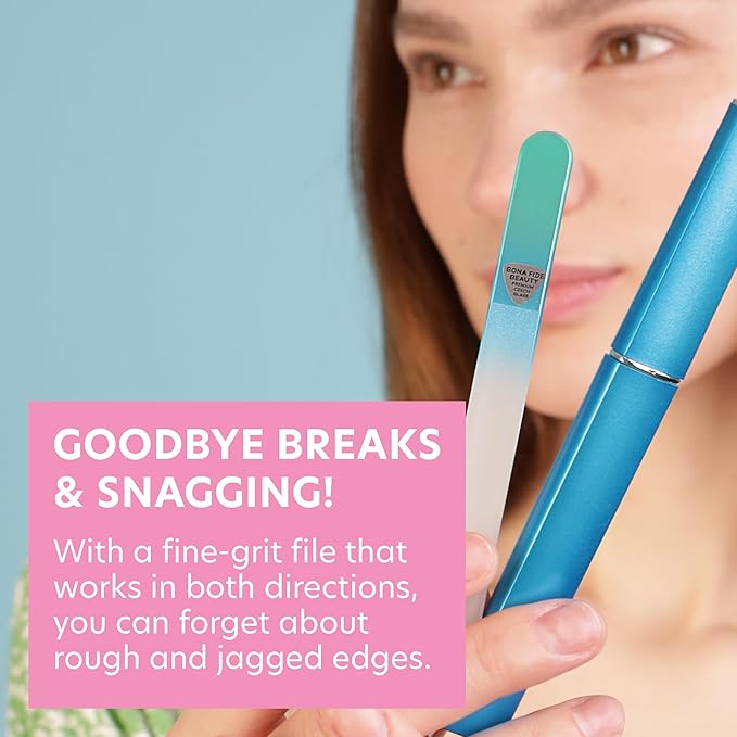 Bona Fide Beauty Glass Nail File with Case (Aqua) - 1 Piece Luxurious Gifts for Women, Crystal Etched Nail File for Natural Nails
