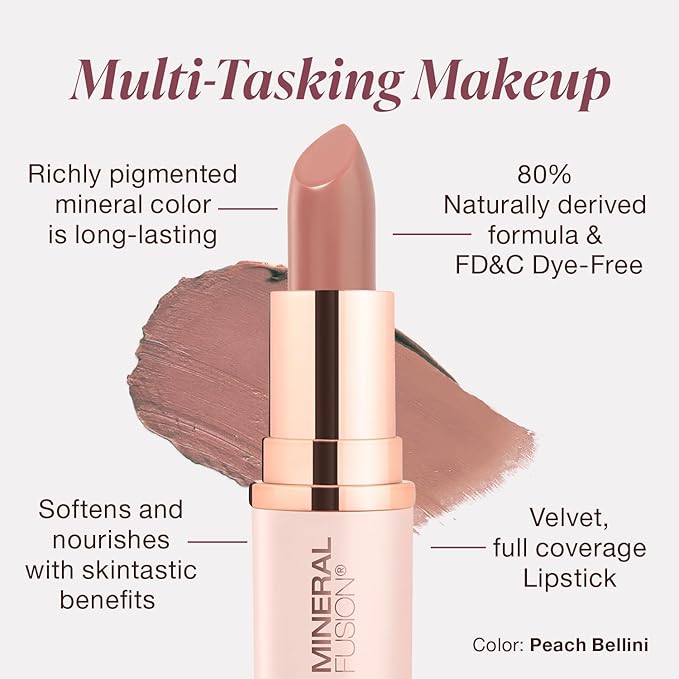 Mineral Fusion Long-Lasting Lipstick, Vivid & Smudge-Free Lip Color with Avocado Oil, Cocoa Seed Butter, Free of FD&C Dyes, Paraben and Gluten, Peach Bellini